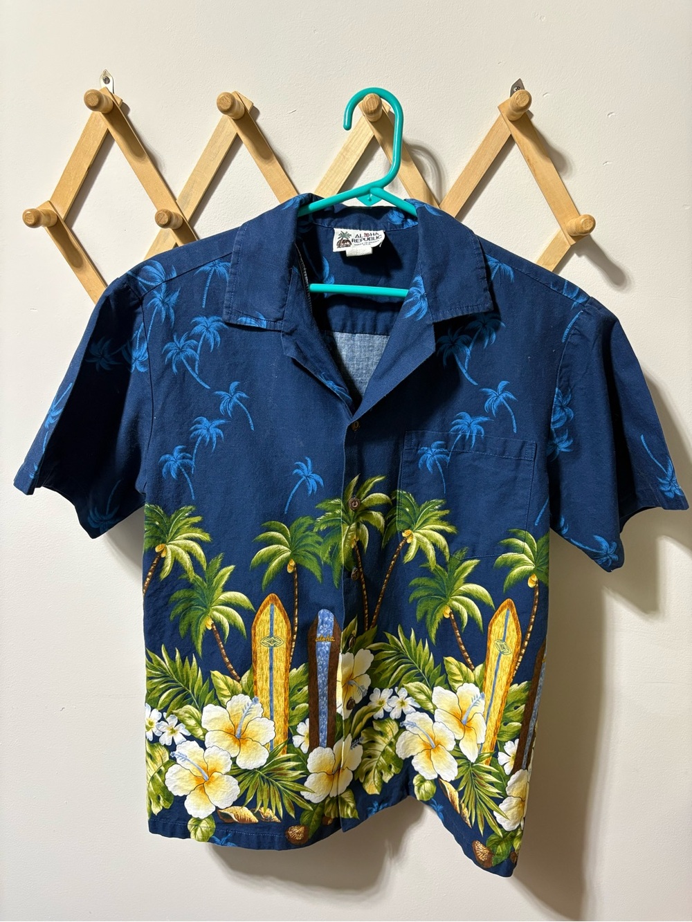 Men's Navy Hawaiian Button-Down Shirt with Palm & Surfboard Print